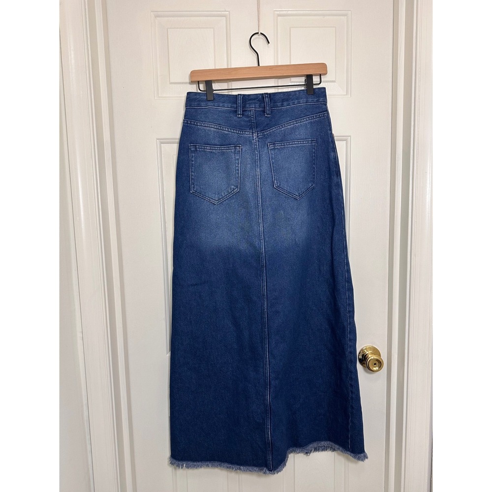 Pilcro Anthropologie Denim Skirt Dark Wash Raw Hem Front Slit Size 4 - Picture 3 of 4